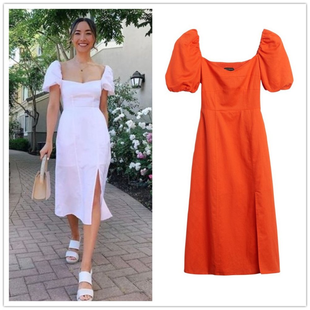 Banana Republic Puff Sleeve Midi Dress in White and Orange
